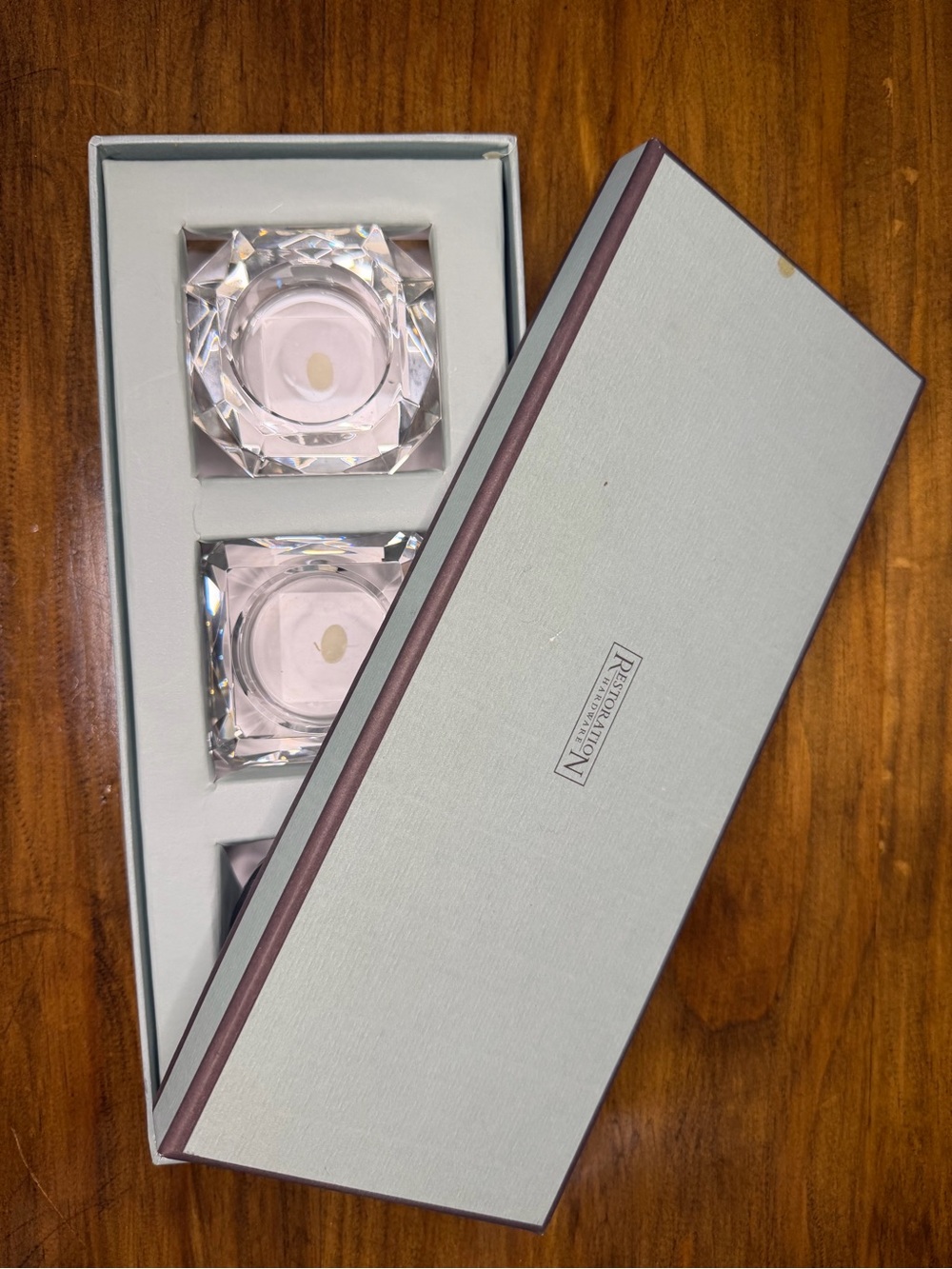 Restoration Hardware Crystal Square Teal Box with Clear Glass Candle Holders